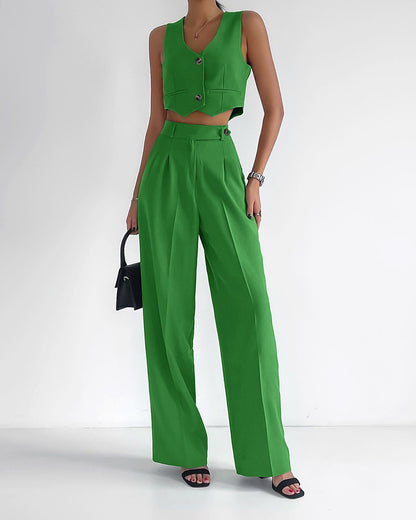 Fashion Linen Sleeveless Vest and Wide Legs Pants Suits