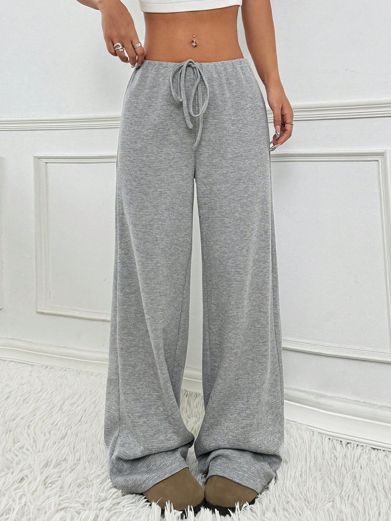 Casual Women Striped Solid Color Pull Rope Cotton Straight Pants