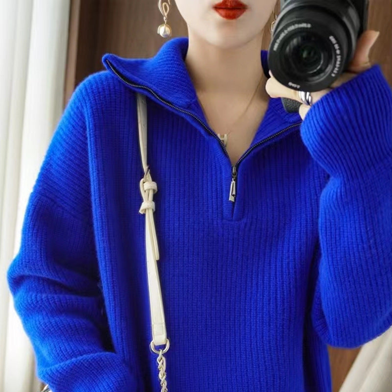 Casual Turnover Zipper Pullover Women Sweaters