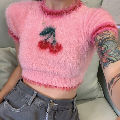 Fashion Cherry Design Midriff Baring Woven T  Shirts