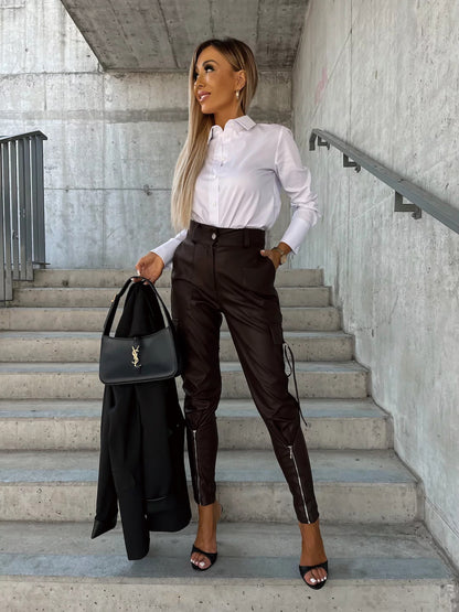Fashion Pu Leather Slim Waist Women Pants with Pocket