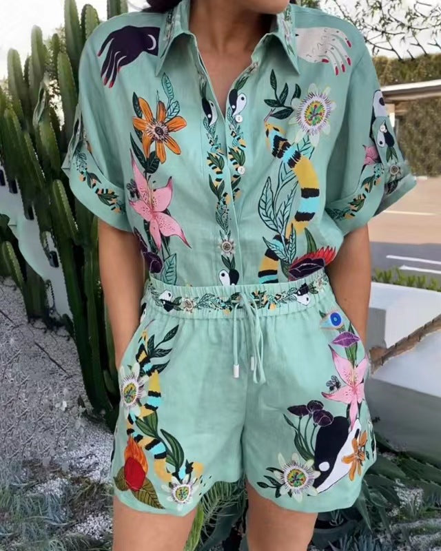 Green Linen Two Pieces Shirts and Short Pants