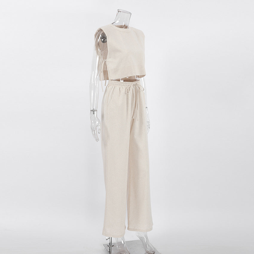 Casual Summer Cotton Linen Sleeveless Tops & Cropped Pants Suits