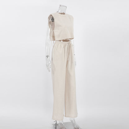 Casual Summer Cotton Linen Sleeveless Tops & Cropped Pants Suits