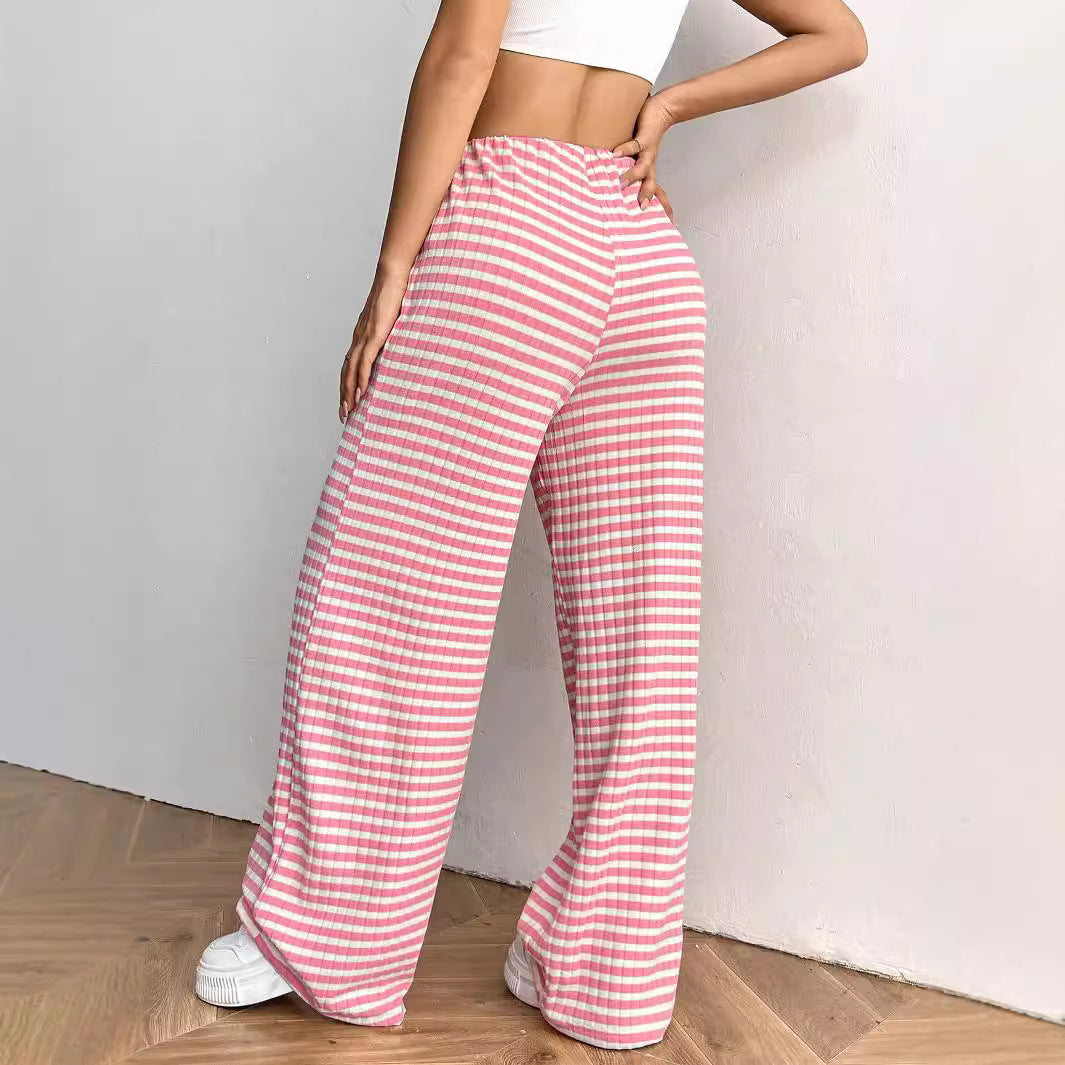 Casual Women Striped Solid Color Pull Rope Cotton Straight Pants