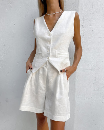 Designed Linen Cotton Summer Sleeveless Tops and Shorts Sets