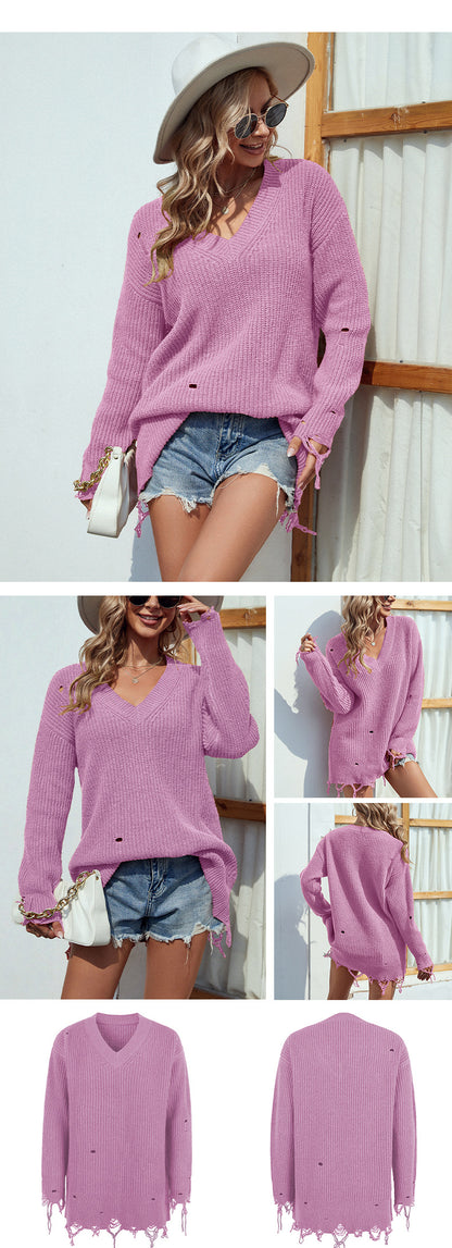 Casual V Neck Long Sleeves Knitted Fall Sweaters