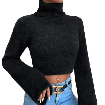 Casual High Neck Midriff Short Sweaters
