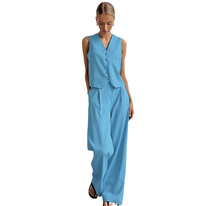 Casual V Neck Sleeveless Tops and Pant Suits