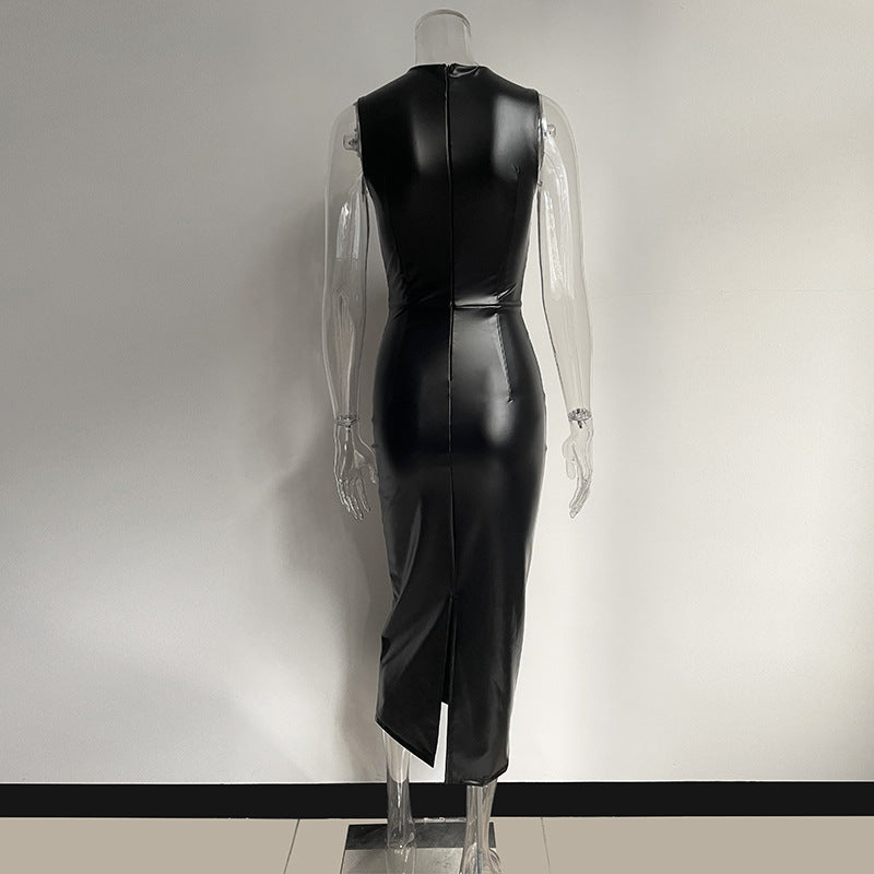 Vintage Irregular PU Leather Sleeveless Long Dresses