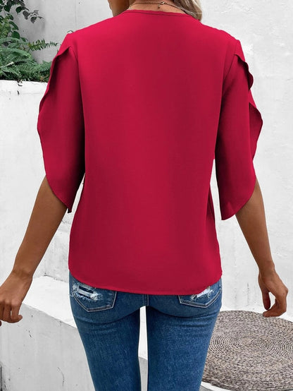 Summer Women's Solid Color Lace V-neck Horn Sleeve Loose Shirt Blouse