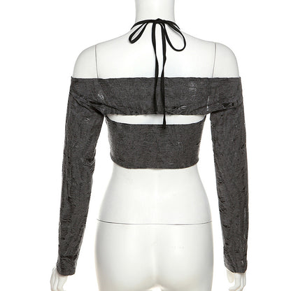Fashion Gray Off The Shoulder Halter Short Shirts