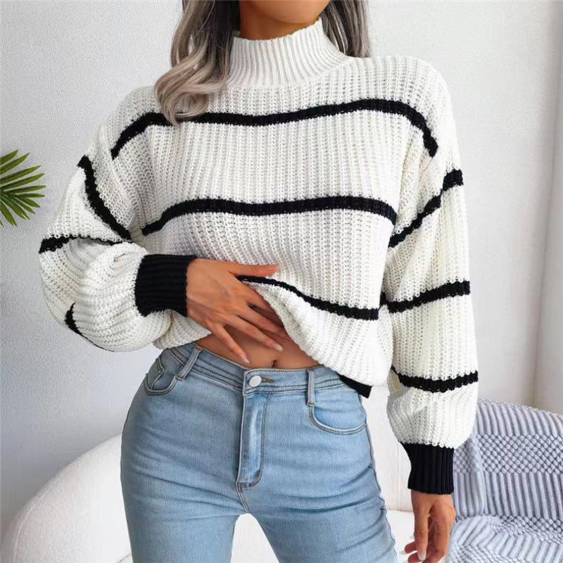 Fashion Striped High Neck Knitted Pullover Sweaters