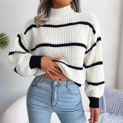 Fashion Striped High Neck Knitted Pullover Sweaters