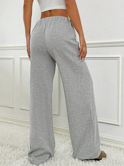 Casual Women Striped Solid Color Pull Rope Cotton Straight Pants
