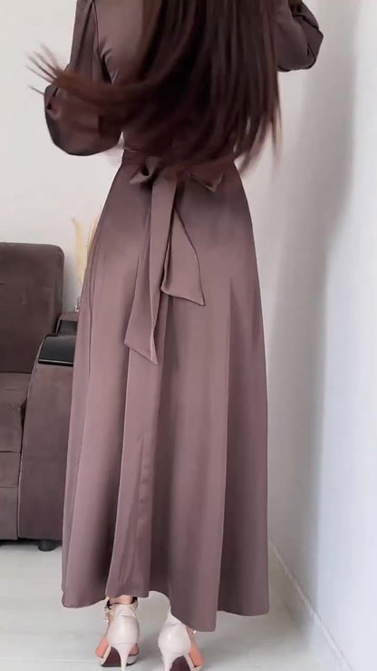 Elegant Long-sleeved Waist-tied Puff-sleeved  Women Dresses
