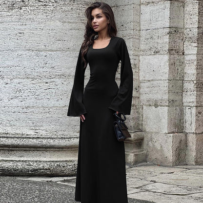 Sexy U Neck Back Lace Up Long Sleeves Dresses