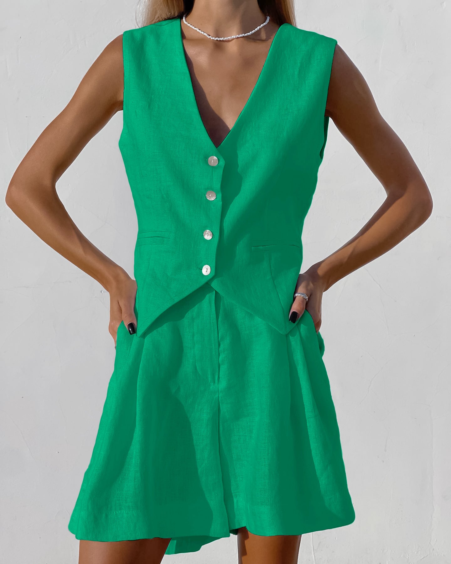 Designed Linen Cotton Summer Sleeveless Tops and Shorts Sets