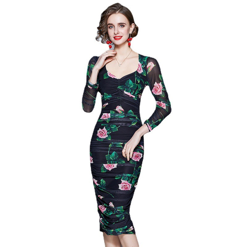 Sexy Designed Square Neckline Floral Print Midi Sheath Dresses