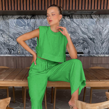 Casual Summer Cotton Linen Sleeveless Tops & Cropped Pants Suits