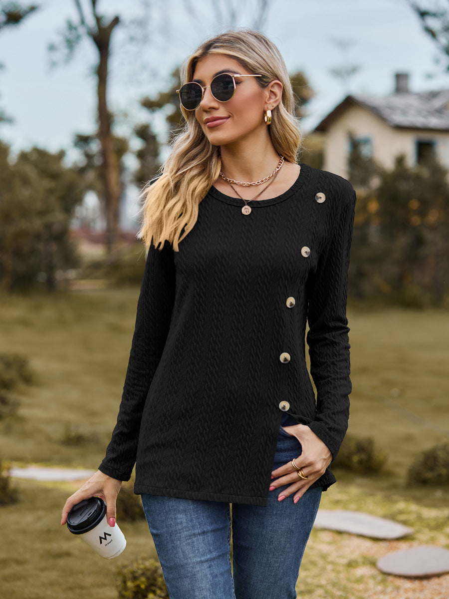Fashion Round Neckline Button Long Sleeves Shirts