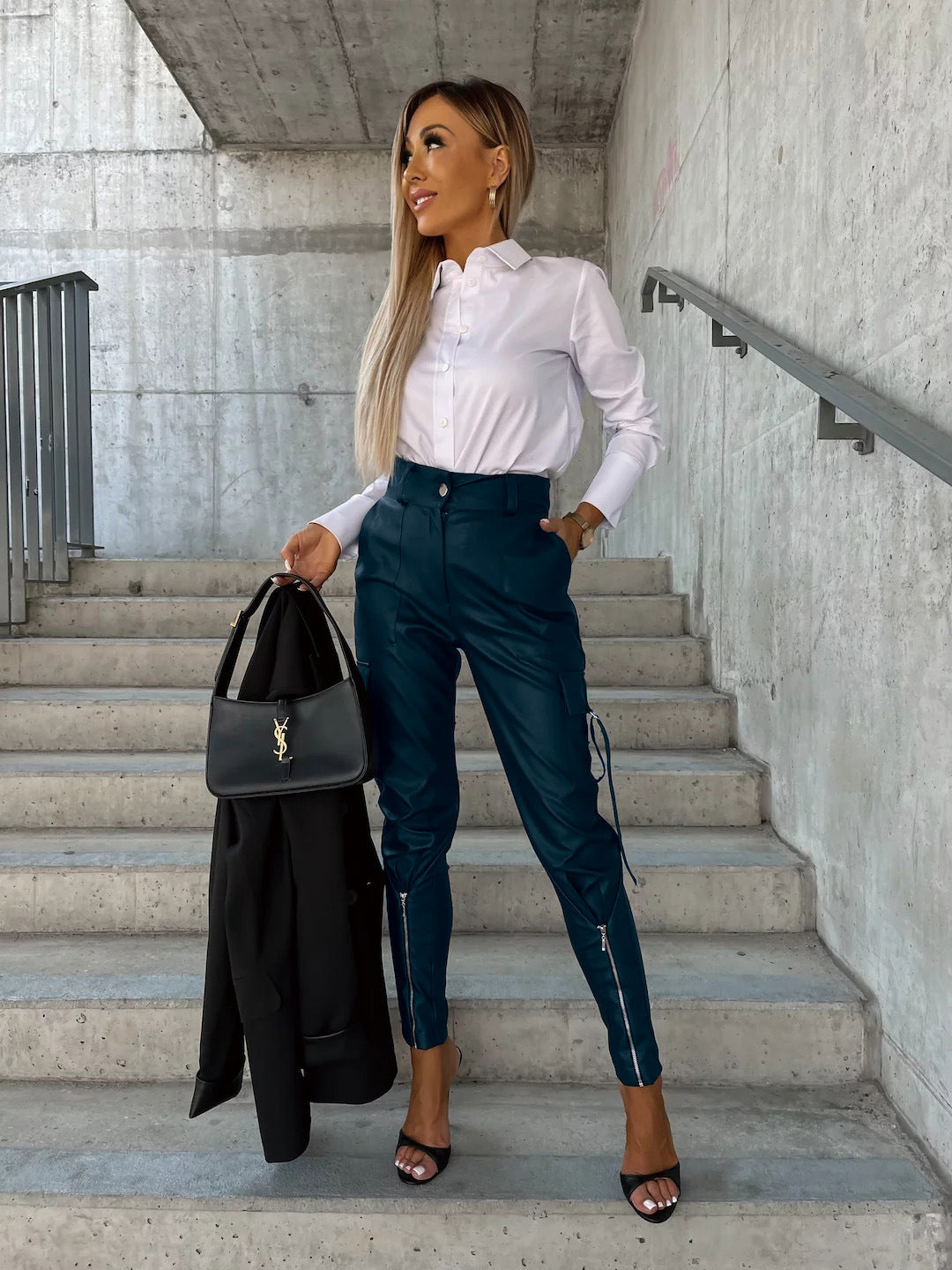 Fashion Pu Leather Slim Waist Women Pants with Pocket