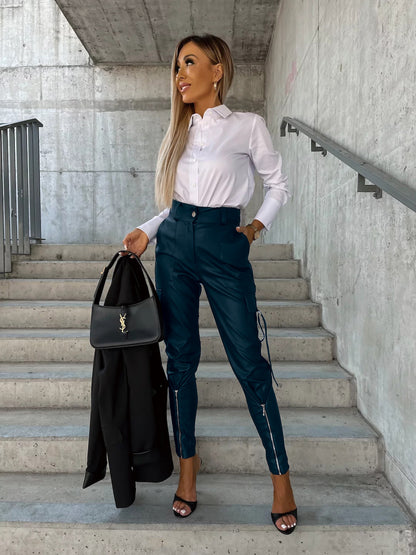 Fashion Pu Leather Slim Waist Women Pants with Pocket