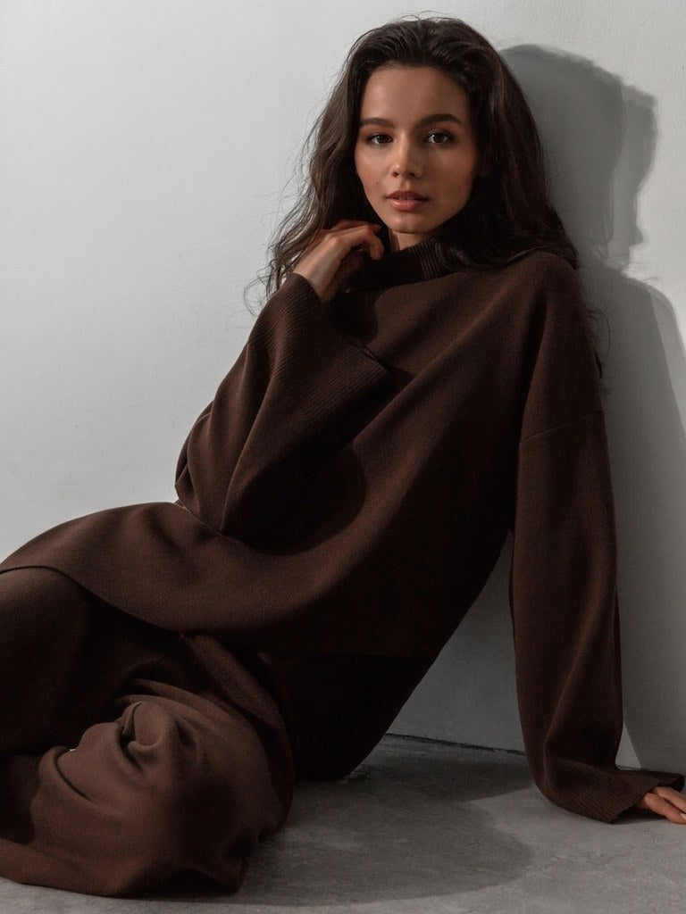 Casual Irregular Pullover Sweaters and Wide Legs Pants Outfits Sets