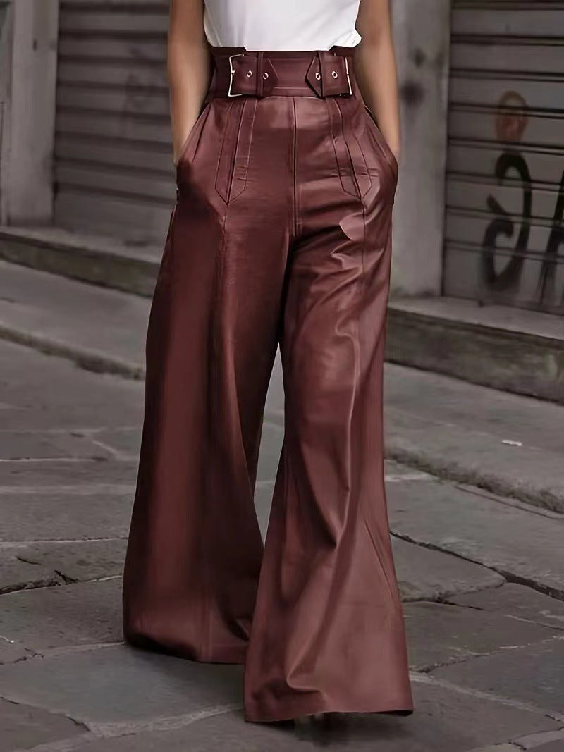 Fashion PU High Waist Wide Legs Pants for Women