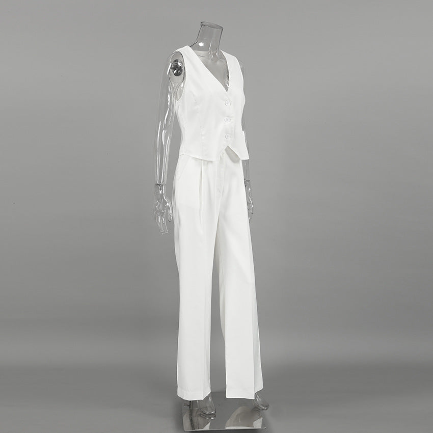 Summer White Sleeveless Vest & Long Pants Two Pieces Suits