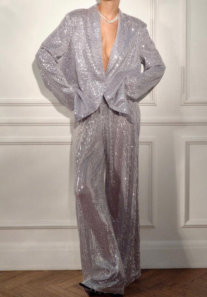 Elegant Sequined Blazers and Pants Two Pieces Sets