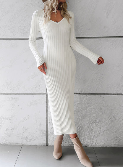 Elegant V Neck Long Sleeves Knitted Dresses
