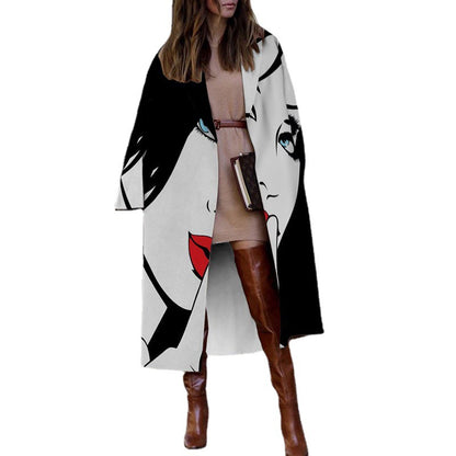 Designed Face Print Long Sleeves Overcoat