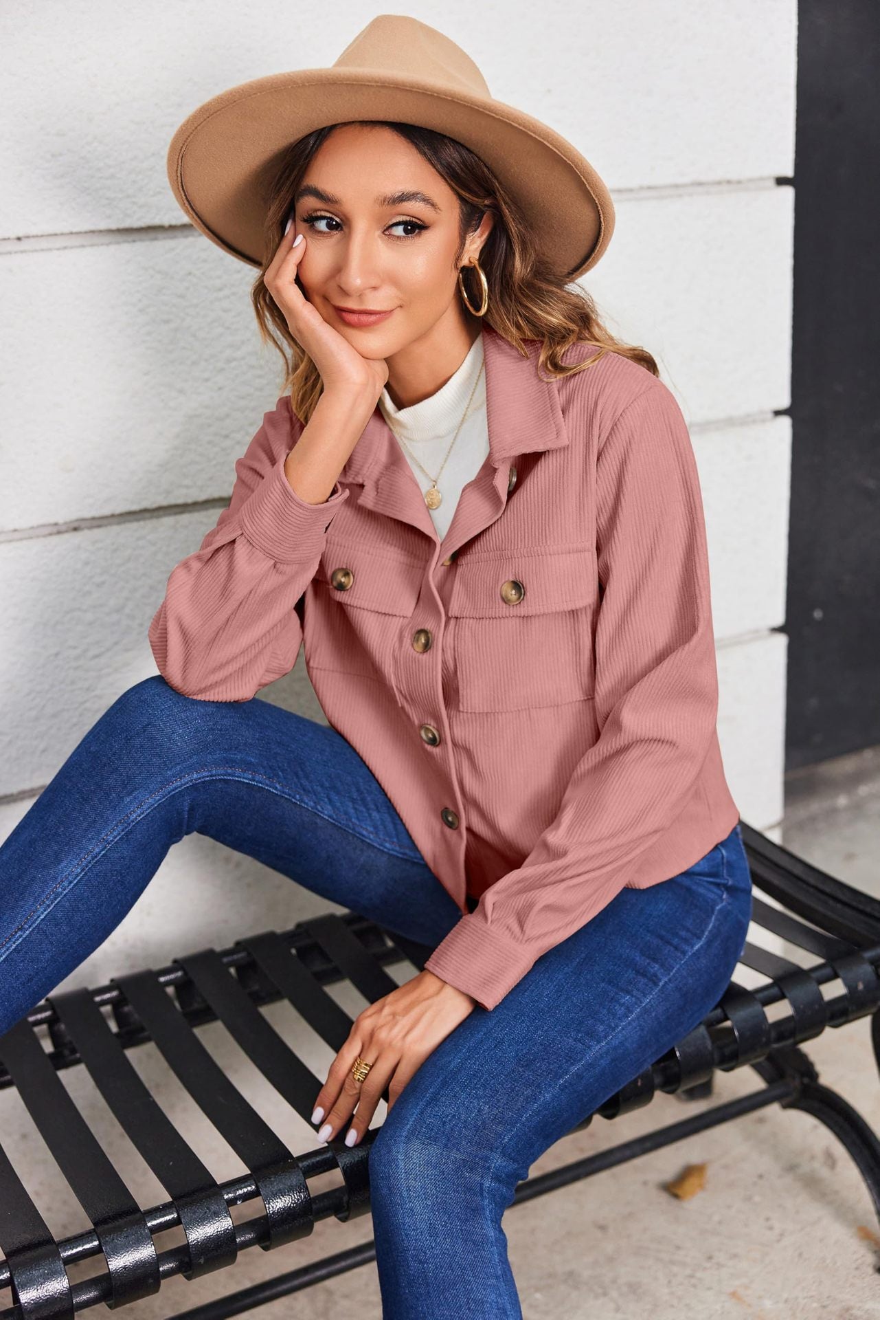 Women's Fashion Casual Short Shirt Corduroy Button-up Top Jackets