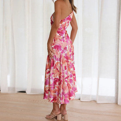Sexy One Shoulder Pink Flowers Long Dresses