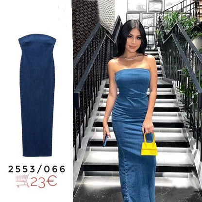 Sexy Back Zippered Strapless Denim Dresses