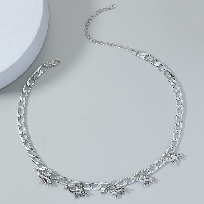 Dinosaur Pendant Men's Cuban Silver Chain Versatile Sweater Necklace