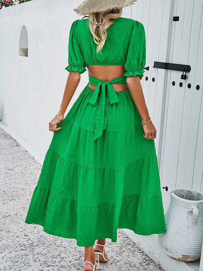 Casual V Neck Short Sleeves Long Dresses