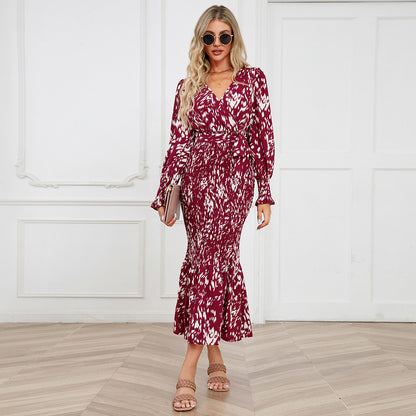 Elegant V Neck Floral Print Mermaid Long Dresses