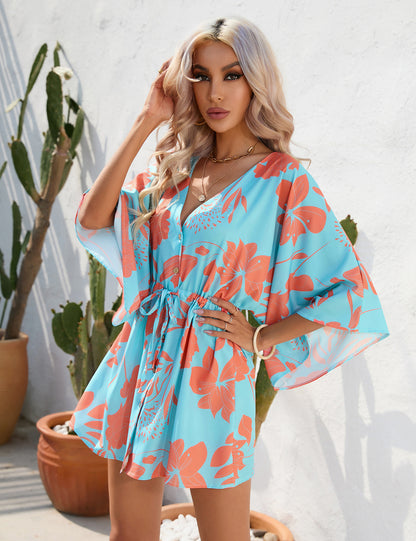 Casual Summer Leaf Print Half Sleeves Mini Dresses