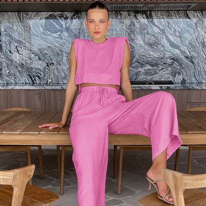Casual Summer Cotton Linen Sleeveless Tops & Cropped Pants Suits
