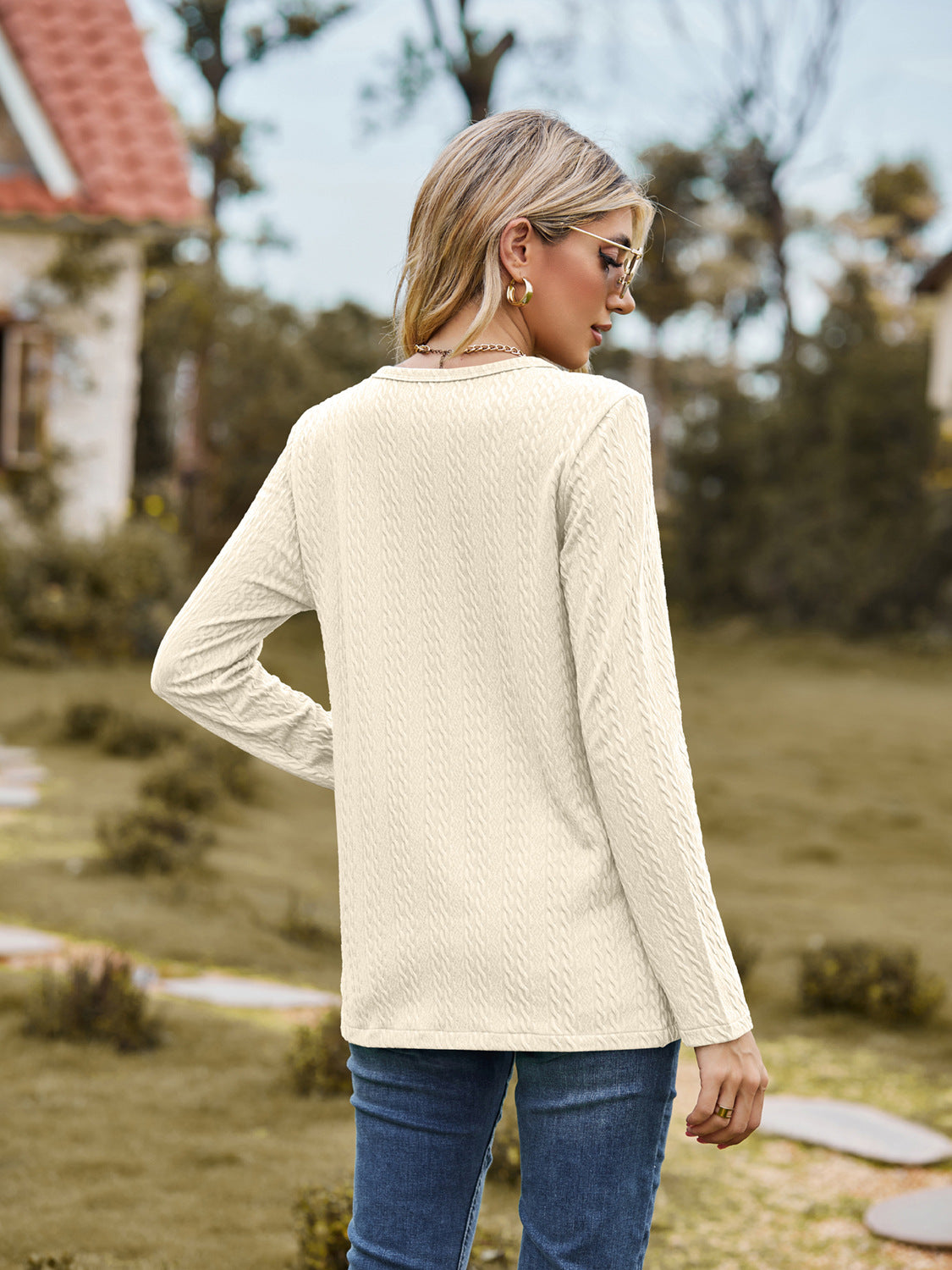 Fashion Round Neckline Button Long Sleeves Shirts