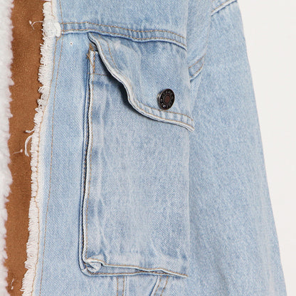 Fashion Designed Lamb Wool with Denim Jacket Coats