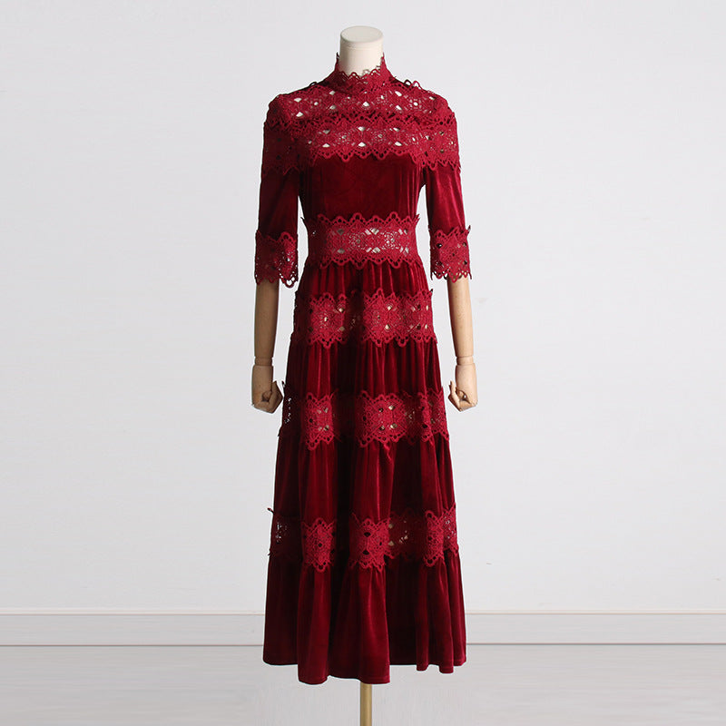 Vintage High Neck Designed Lace Long Dresses