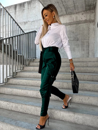 Fashion Pu Leather Slim Waist Women Pants with Pocket