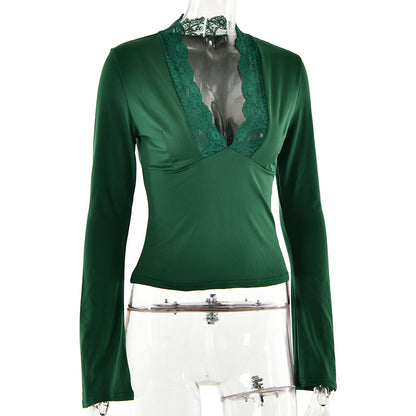 Sexy Lace V Neck Long Sleeves Shirts for Women