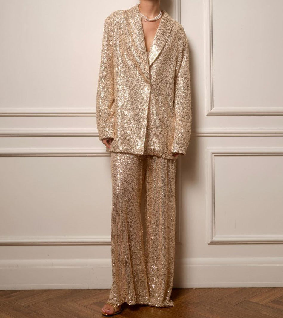 Elegant Sequined Blazers and Pants Two Pieces Sets