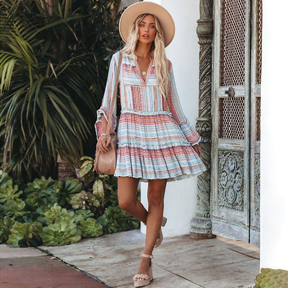 Fashion Printed Long Sleeves Summer Short Dresses