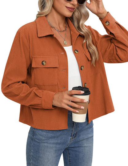 Women's Fashion Casual Short Shirt Corduroy Button-up Top Jackets