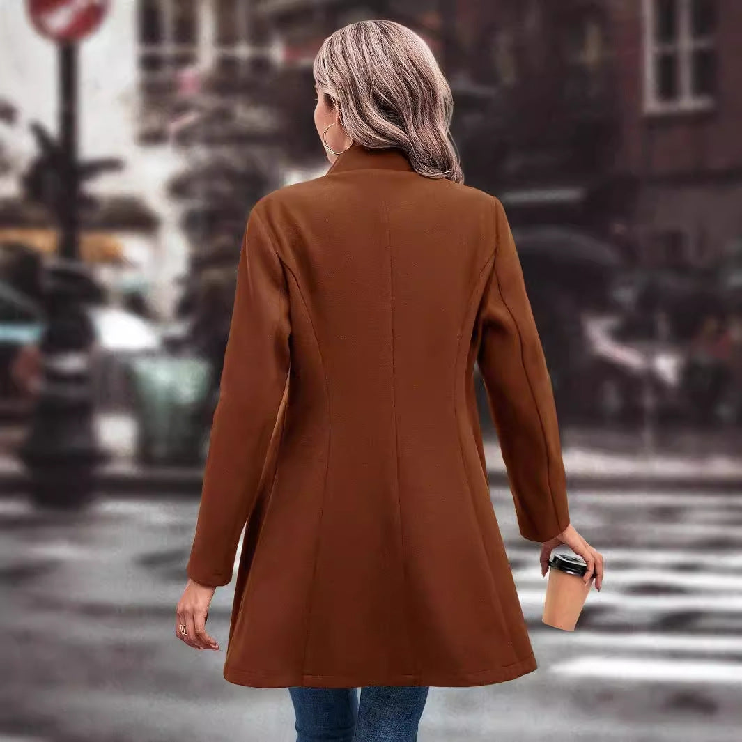 Women's Autumn and Winter Lapel Slim Woolen Solid Color Coat